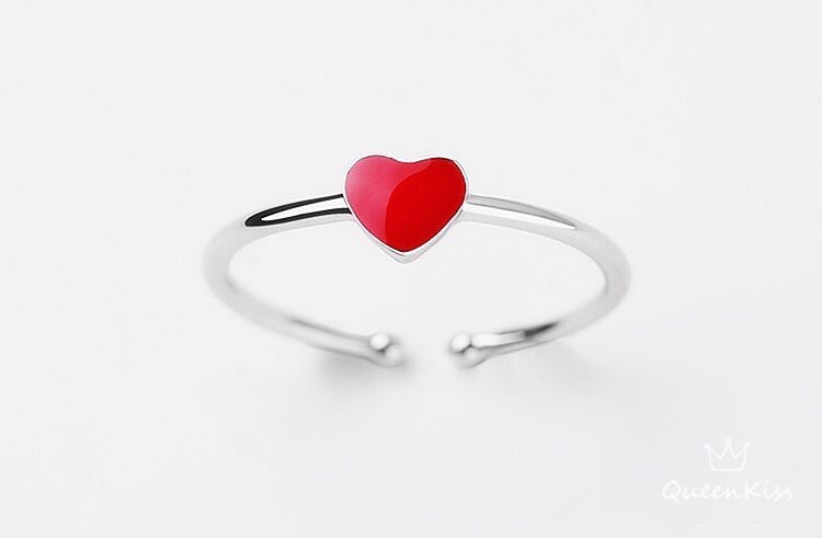 Vintage Red Heart Spot Adjustable 925 Sterling Silver Plated Ring