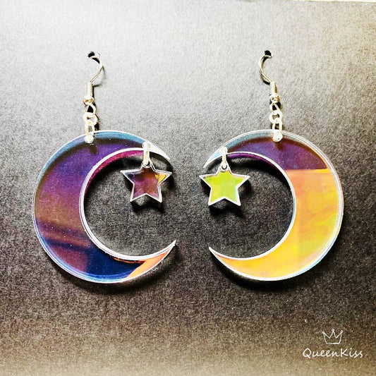 Cute Light Trendy Quirky Laser Light Changing Colour Romantic Moon and Star Earrings - Love in The Moon!!