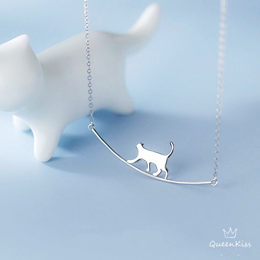 Sterling Silver Cute Adorable Cat Lover Crawling Cat Kitty on the Stick Sterling Silver Necklace - Midnight Angel!!