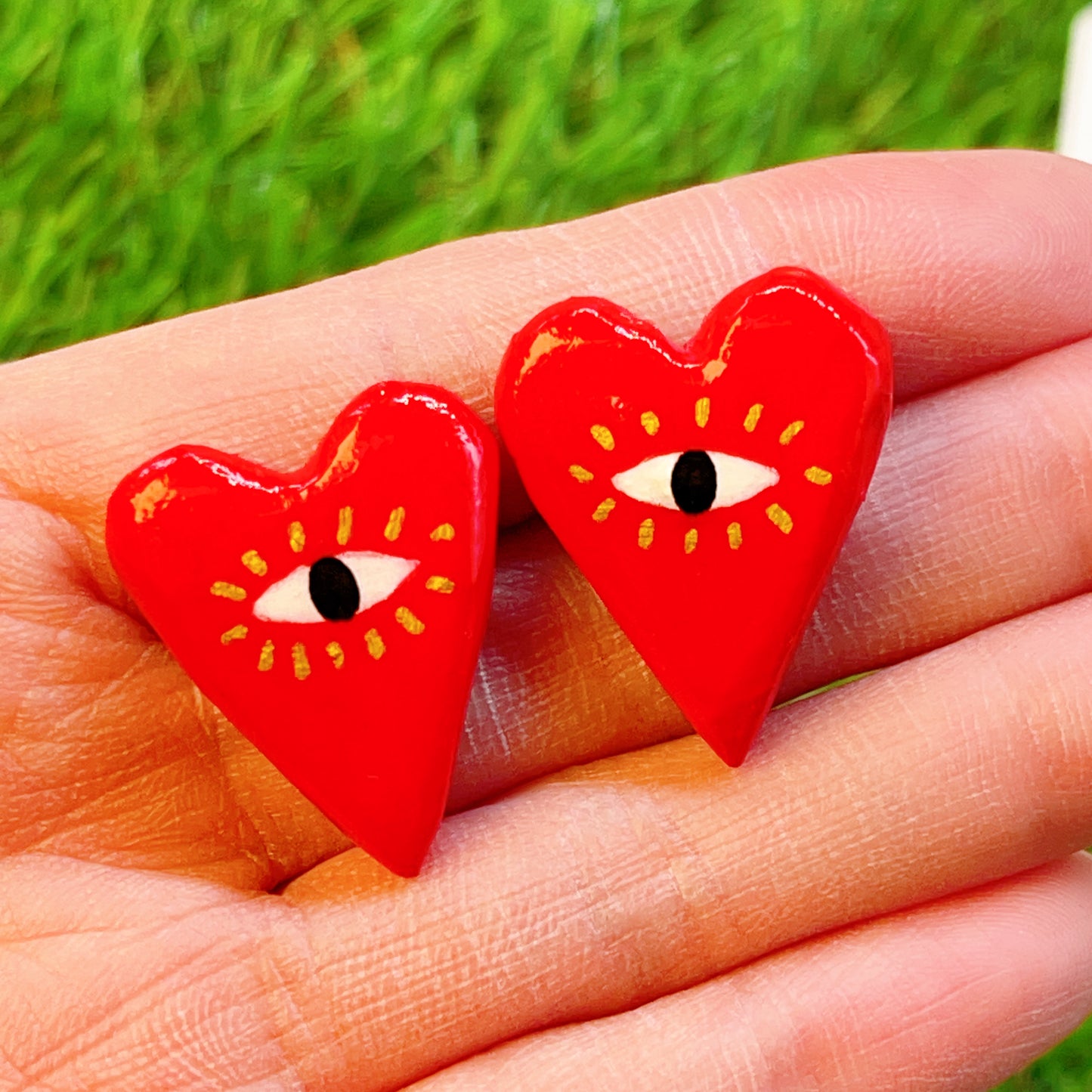 Handmade Cute Love Red Heart And Eyes Clay Earrings