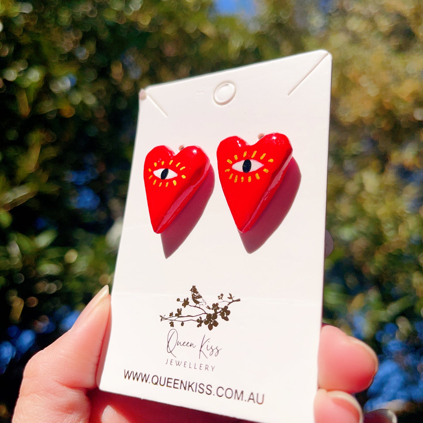 Handmade Cute Love Red Heart And Eyes Clay Earrings