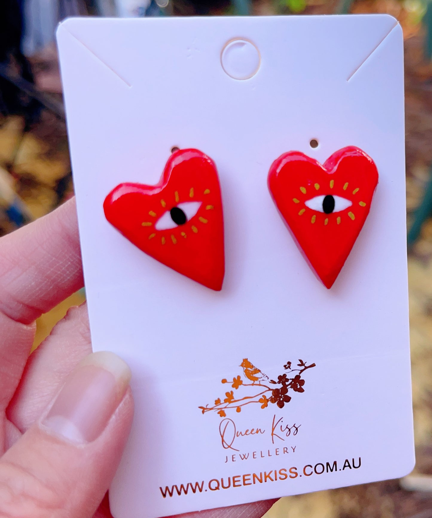 Handmade Cute Love Red Heart And Eyes Clay Earrings