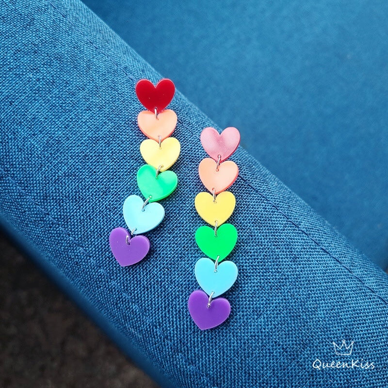 Cute Light Trendy Colourful Heart Shape Red Orange Yellow Green Blue Purple Earrings - Double Rainbow!!