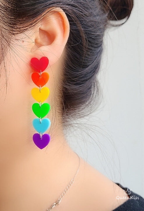 Cute Light Trendy Colourful Heart Shape Red Orange Yellow Green Blue Purple Earrings - Double Rainbow!!