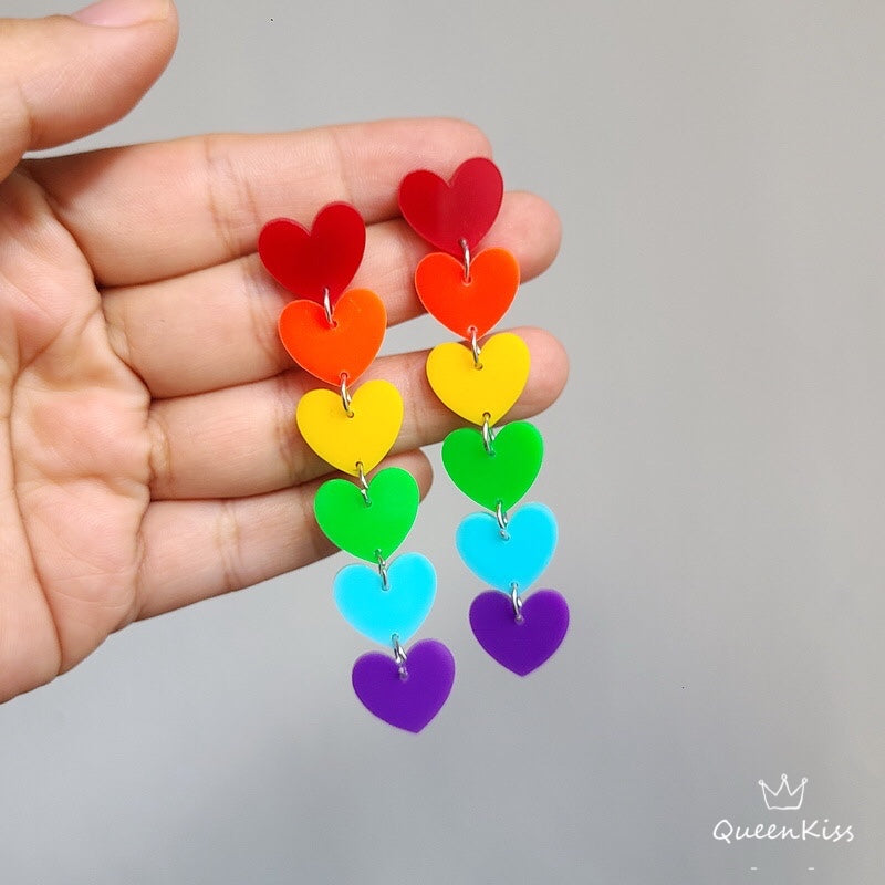 Cute Light Trendy Colourful Heart Shape Red Orange Yellow Green Blue Purple Earrings - Double Rainbow!!