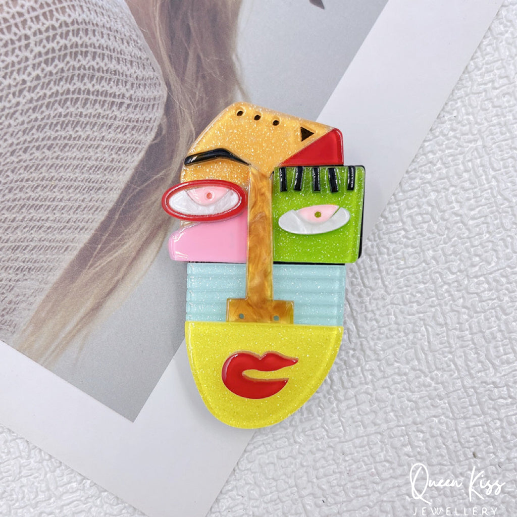 Cute Adorable Good Quality Acrylic Art Work Face Brooches Artist Gift for Her, Mother, Kid, Sister, Good Friends