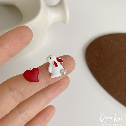 Cute Adorable Rabbit Bunny Red Heart Stud Earrings Gift for her