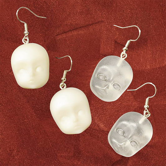 Quirky Dull Translucent and White Little Baby Doll Head Face Earrings -- Love Me Till The End!!