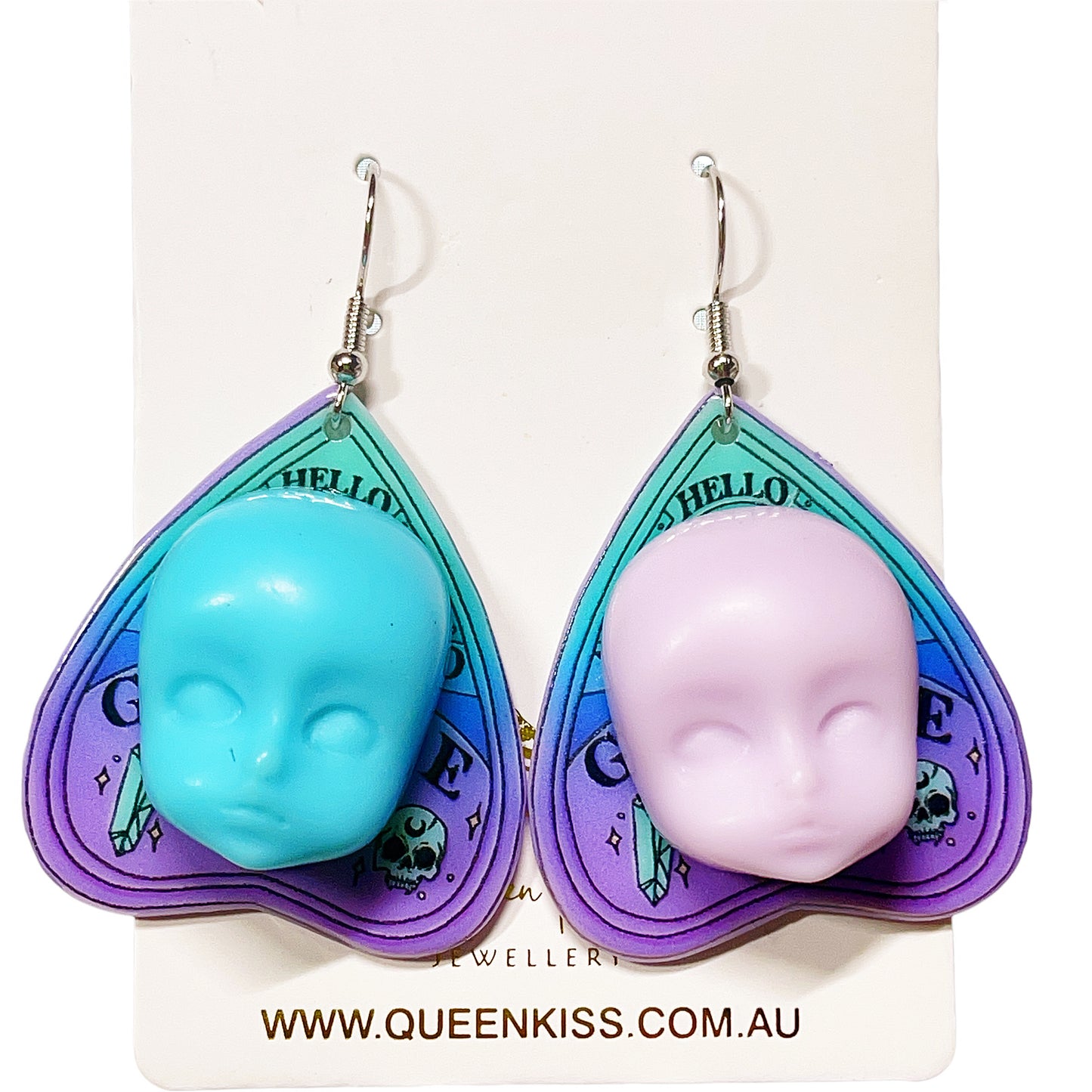 Quirky Dull Blue and Pink Little Baby Doll Head Face Earrings -- Love Me Till The End!!