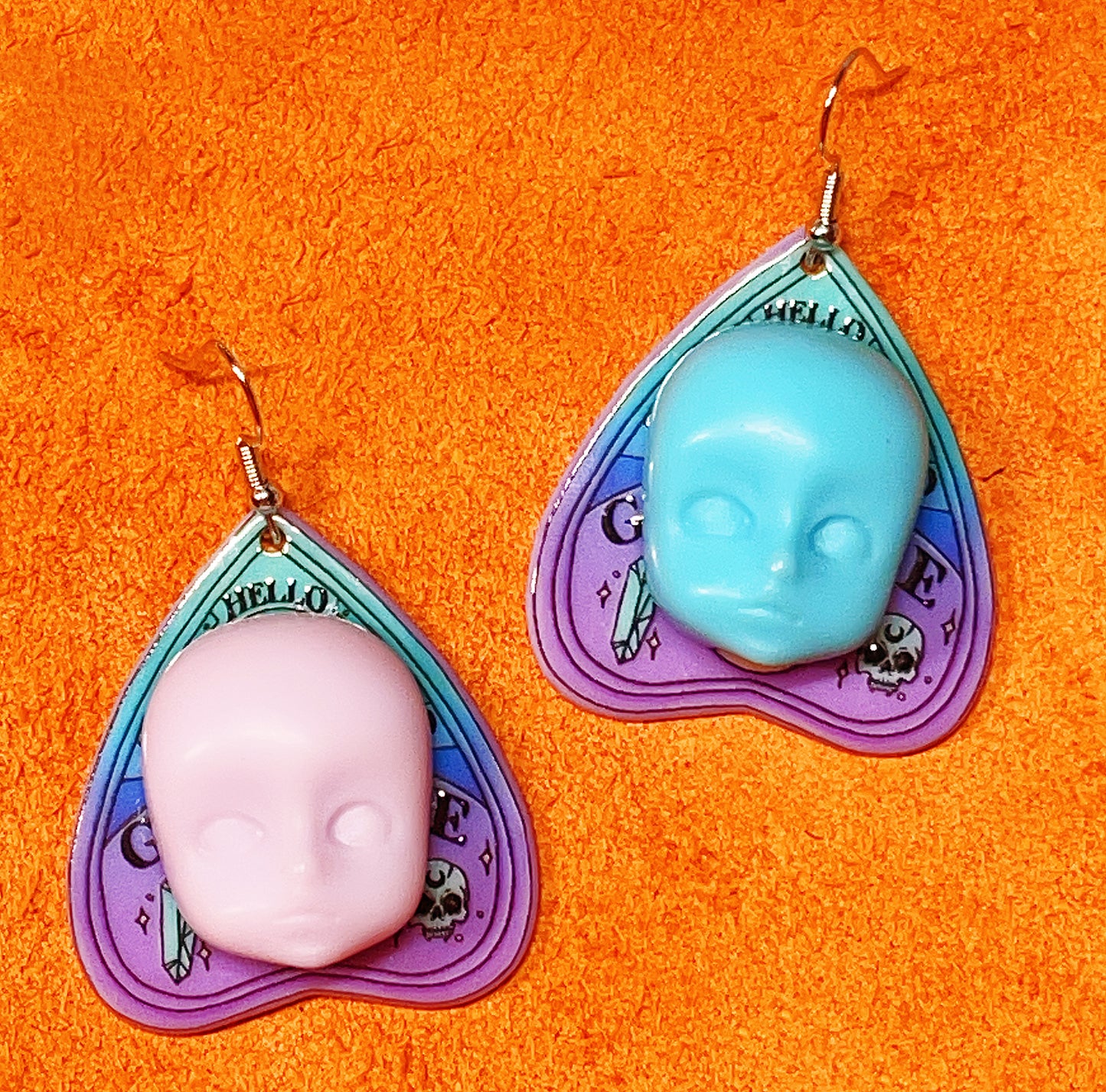 Quirky Dull Blue and Pink Little Baby Doll Head Face Earrings -- Love Me Till The End!!