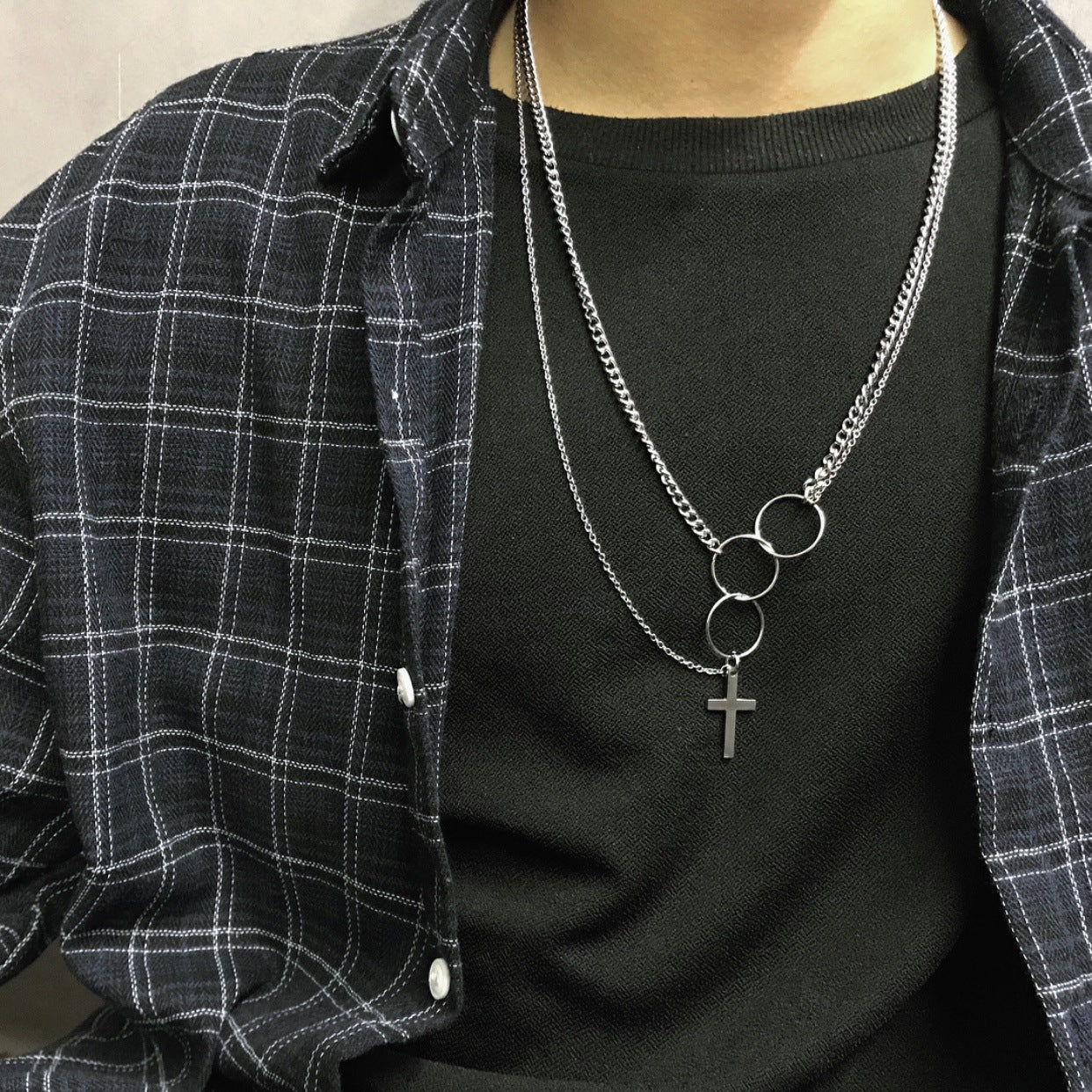 Funky Punk Stainless Steel Cross Cool Three Circles Two Layers One Set Silver Necklace -- One and Only!!