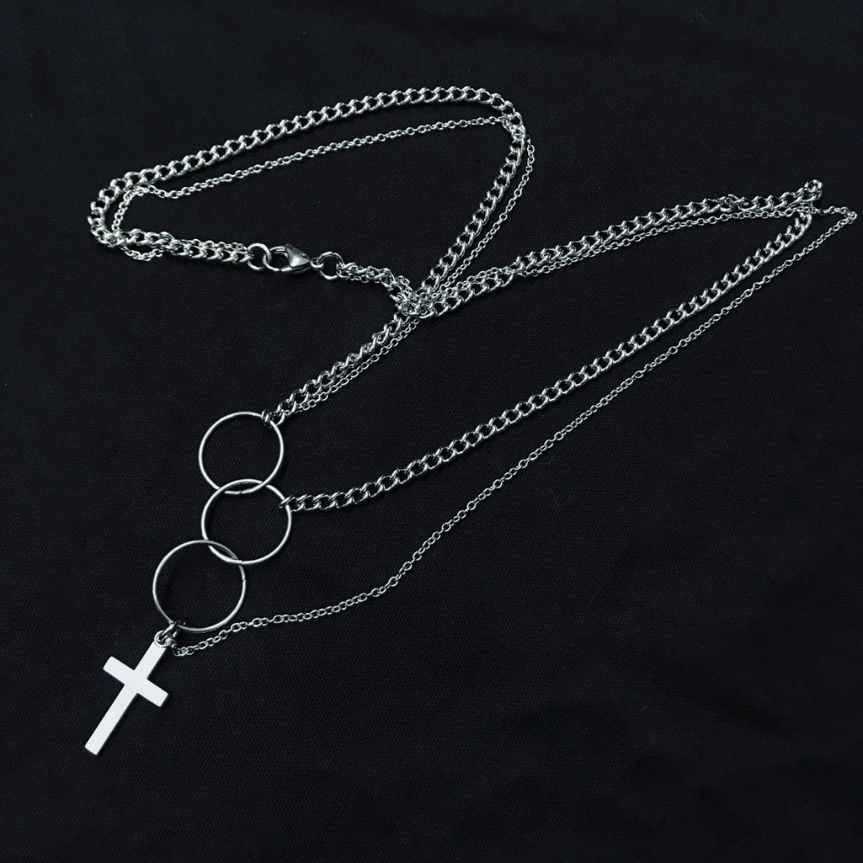 Funky Punk Stainless Steel Cross Cool Three Circles Two Layers One Set Silver Necklace -- One and Only!!