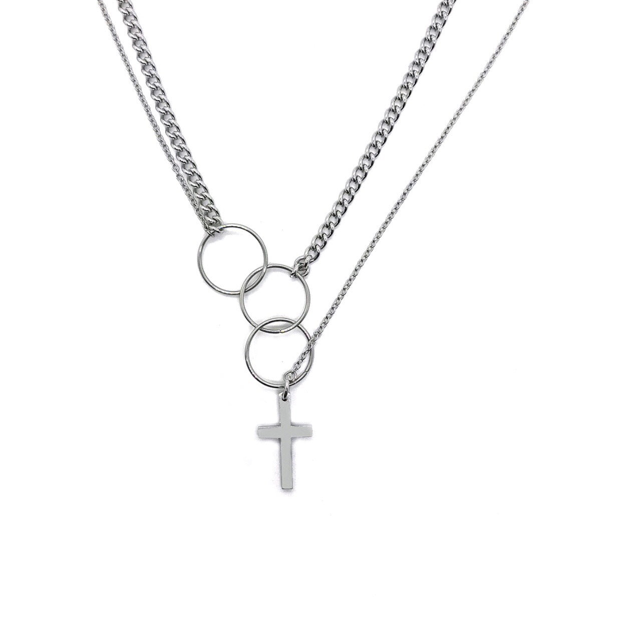 Funky Punk Stainless Steel Cross Cool Three Circles Two Layers One Set Silver Necklace -- One and Only!!