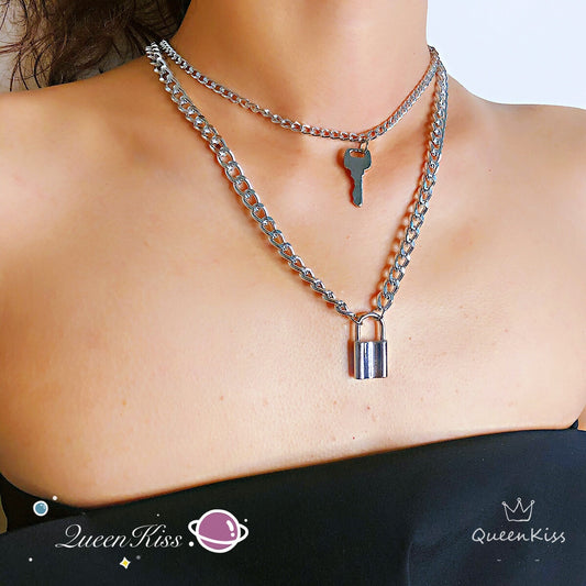 Funky Punk Stainless Steel Cool Two Layers One Set Key and Lock Silver Necklace -- Key to my heart!