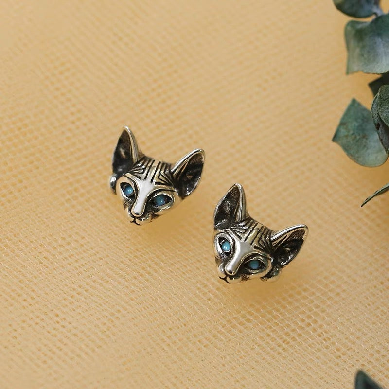 Sterling Silver 925 Stud Earrings Cute Cat Kitty Blue Eyes Sphynx Cat Stud Earrings Modern Studs Minimal Stud Earrings Gift for her