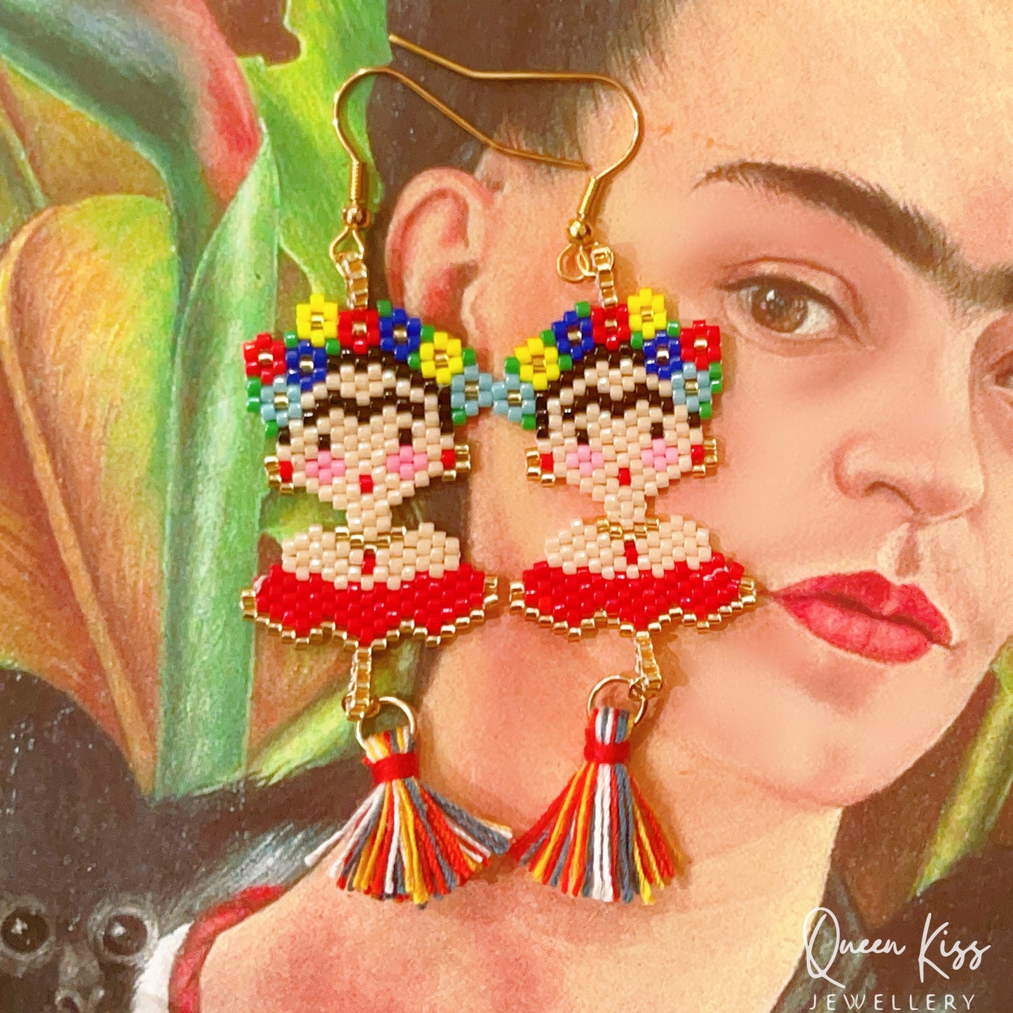 Handmade Artwork Artist Frida Portrait Beaded Earrings Beadwork earrings Dangle earrings Long earrings Luxury boho - Women Power!!!