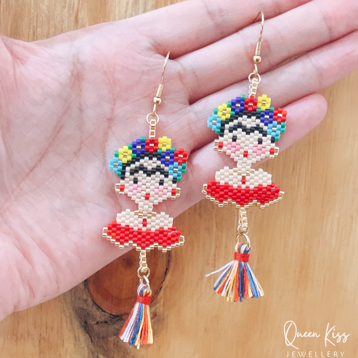 Handmade Artwork Artist Frida Portrait Beaded Earrings Beadwork earrings Dangle earrings Long earrings Luxury boho - Women Power!!!