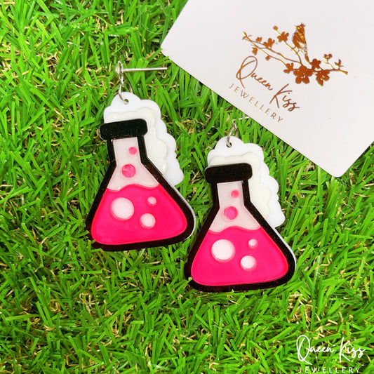 Super Light Acrylic Quirky Pink Bubbling Lab Glass Bottle Earrings - Funny Chemical!!