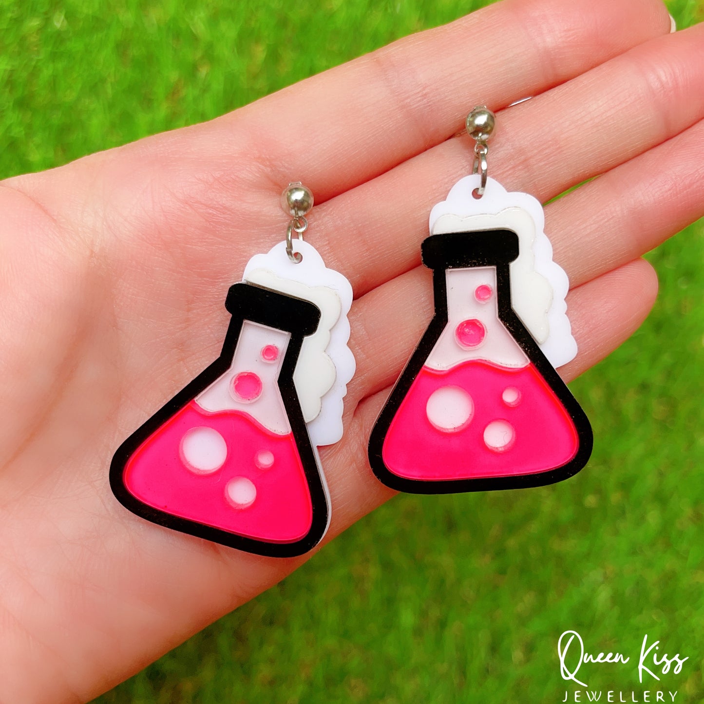 Super Light Acrylic Quirky Pink Bubbling Lab Glass Bottle Earrings - Funny Chemical!!