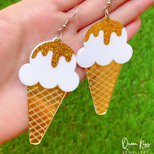 Cute Light Trendy Quirky Gold and White Icecream Earrings - Sweet Thing!!