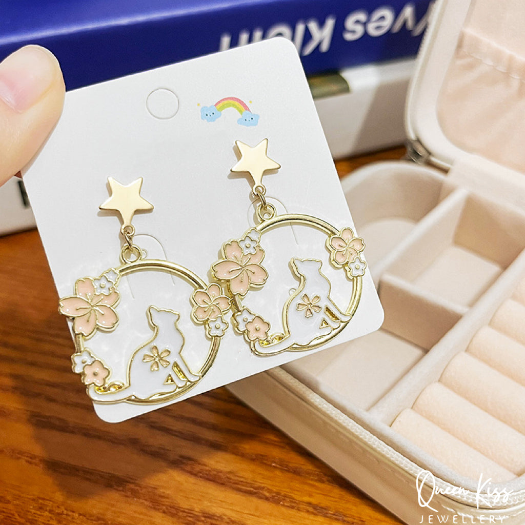 Super Cute Kitty Cat and Flower Earrings -- Meow World!!