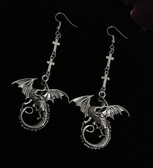 Dragon Flying over Cross Silver Earrings - DRAGON & CROSS!