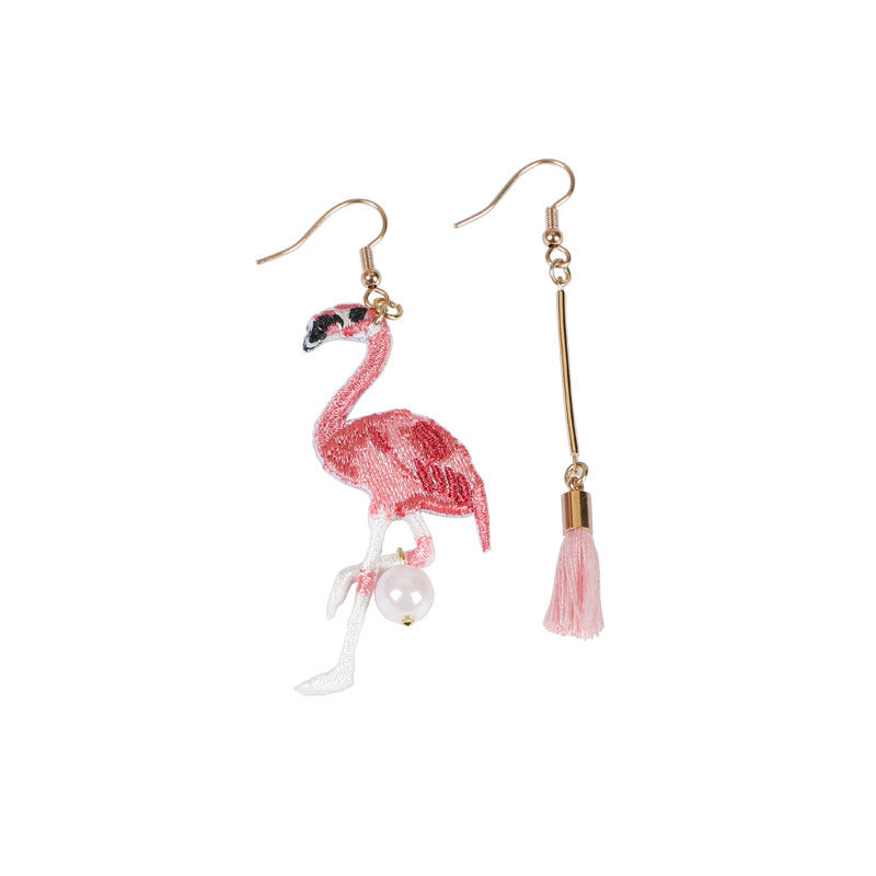 Cute Pink Flamingo and Tassel Peal Asymmetric Earrings -- Loving you!!