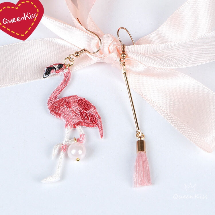 Cute Pink Flamingo and Tassel Peal Asymmetric Earrings -- Loving you!!