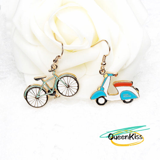 Enamel Cute Romantic Bike Bicycle and Automobile French Earrings -- Love in the City!!