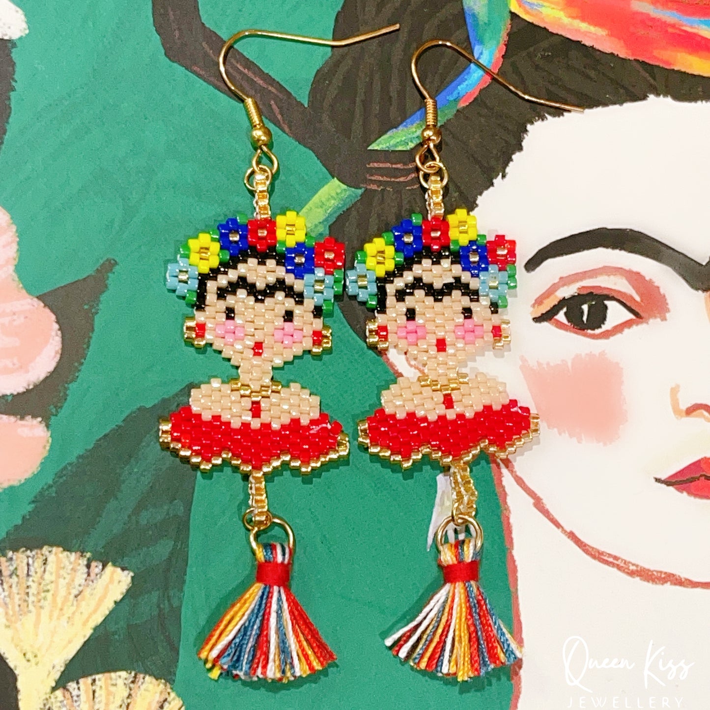 Handmade Artwork Artist Frida Portrait Beaded Earrings Beadwork earrings Dangle earrings Long earrings Luxury boho - Women Power!!!