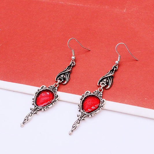 Bat and Red Gem Mirror Gothic Dangle Horror Earrings Halloween Earrings Creepy Goth Grunge Earrings