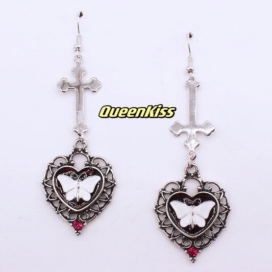 Butterfly Heart and Cross Gothic Dangle Earrings Creepy Goth Grunge Earrings