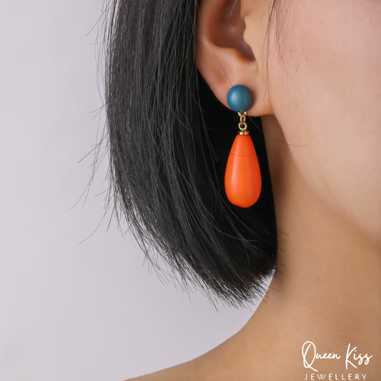 Cute Light Trendy Adorable Acrylic Teal and Oval Orange Earrings - Perfect Lady!!