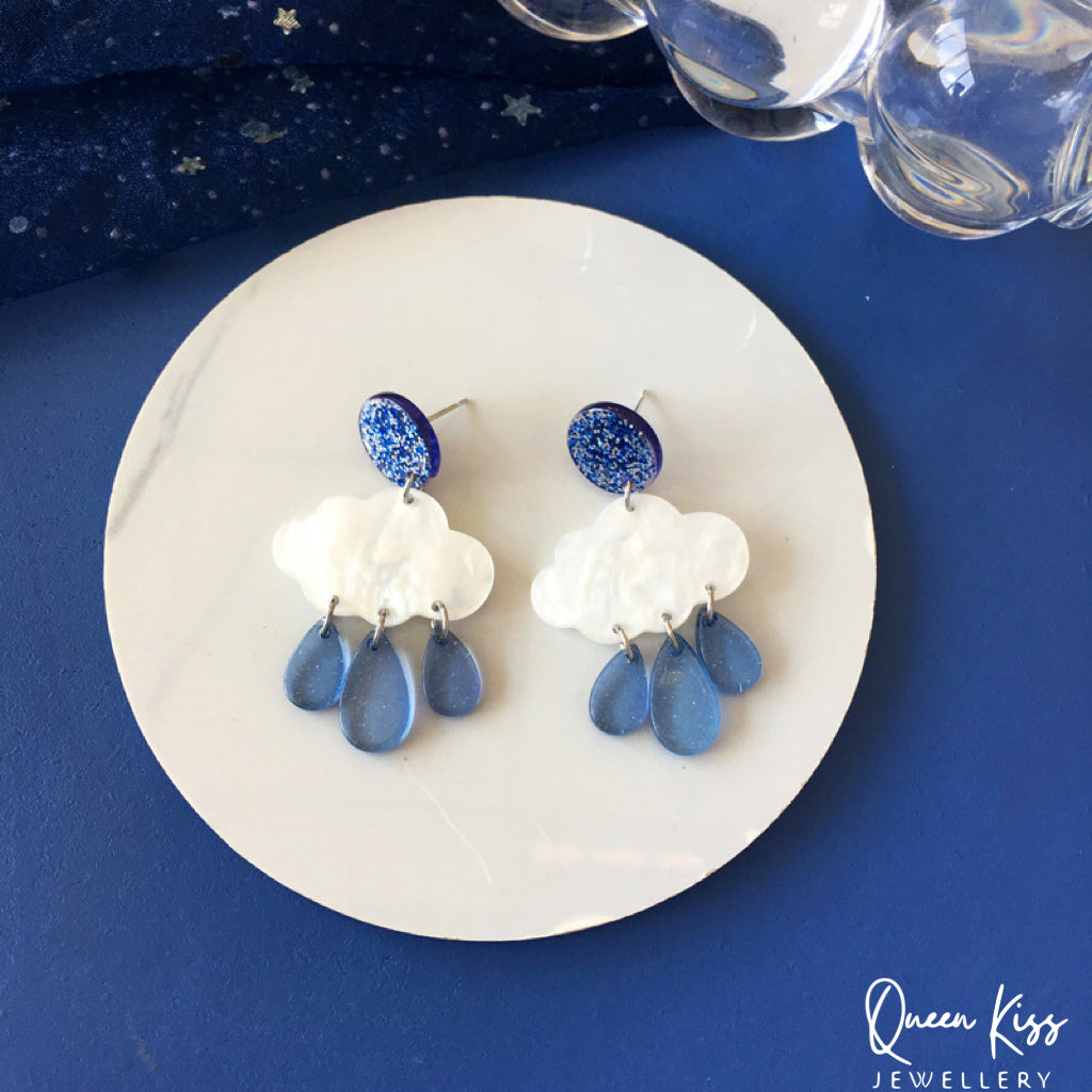 Super LIght Cute Adorable Acrylic Cloud White and Blue Earrings - Floating Floating!!