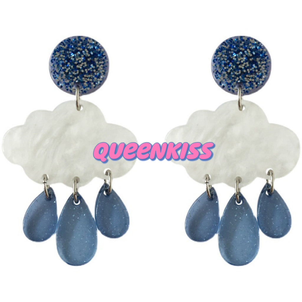 Super LIght Cute Adorable Acrylic Cloud White and Blue Earrings - Floating Floating!!