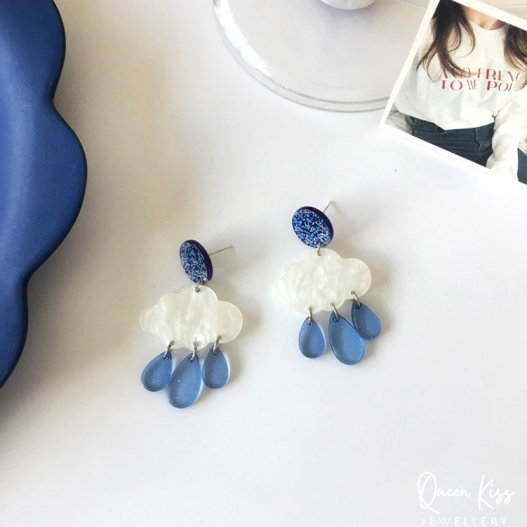 Super LIght Cute Adorable Acrylic Cloud White and Blue Earrings - Floating Floating!!