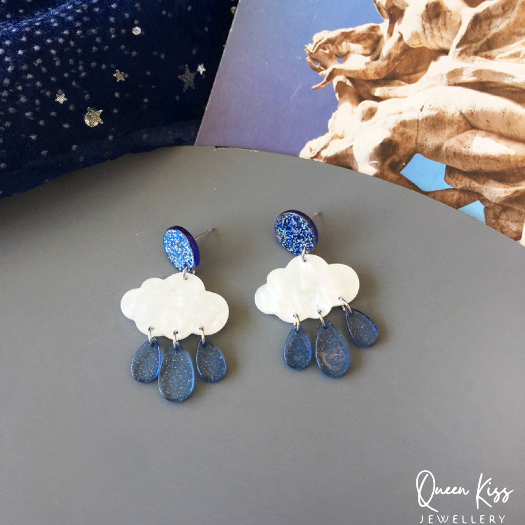 Super LIght Cute Adorable Acrylic Cloud White and Blue Earrings - Floating Floating!!