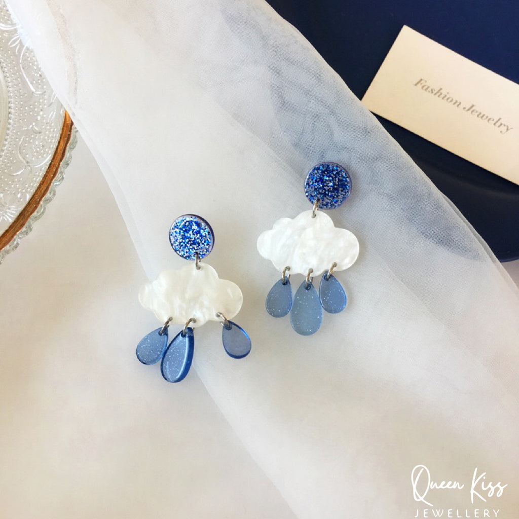 Super LIght Cute Adorable Acrylic Cloud White and Blue Earrings - Floating Floating!!