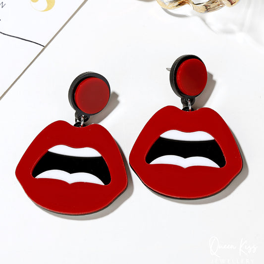 Cute Light Trendy Red Tongue and Big Mouth Acrylic Earrings - Kiss Me!!