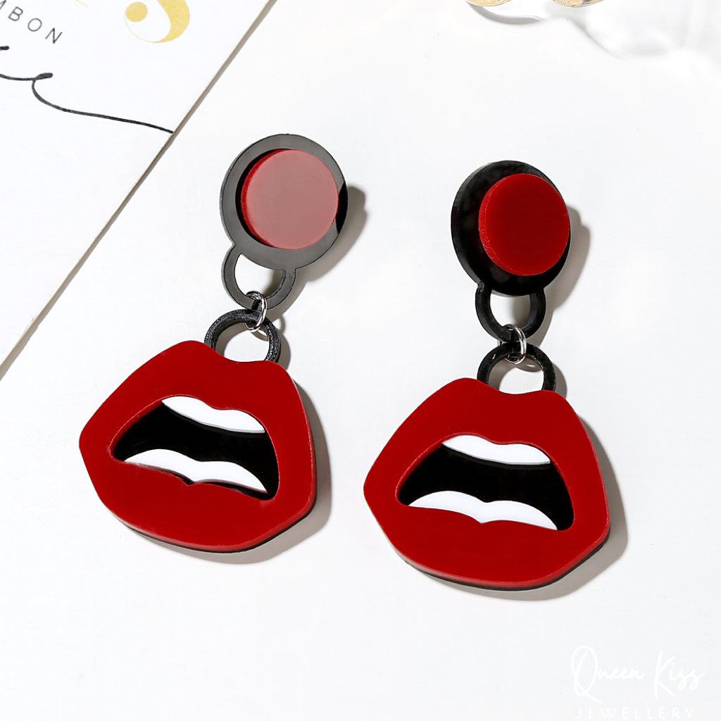 Cute Light Trendy Red Tongue and Big Mouth Acrylic Earrings - Kiss Me!!