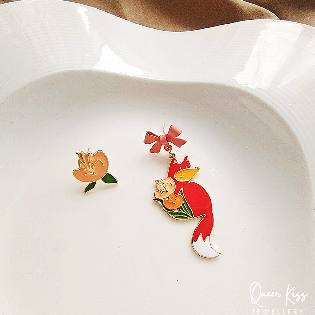 Super Cute Japanese Style Fox and the Favourite Flower Earrings -- Sakura Foxy!!