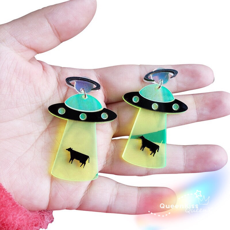 Best Seller Cute Light Trendy Quirky UFO Earrings Alien Sucking Cow In Earrings - We need you!!