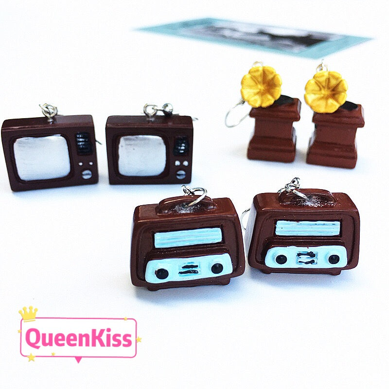 Old School Vintage Super Sweet Cute Phonograph Cellular Phone Radio Suitcase Oil Lamp Candle Yellow and Brown Earrings -- Mr. Old School!!