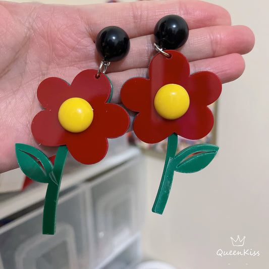 Cute Light Trendy Adorable Flowers Red Yellow Green Earrings - Flowers Everywhere!!