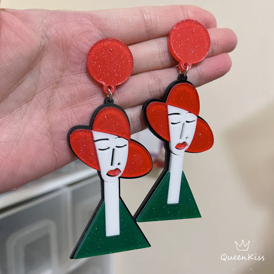 Cute Light Trendy Adorable Gorgeous Lady with Red Hat and Green Clothes Acrylic Earrings - Lady BlaBlah!!