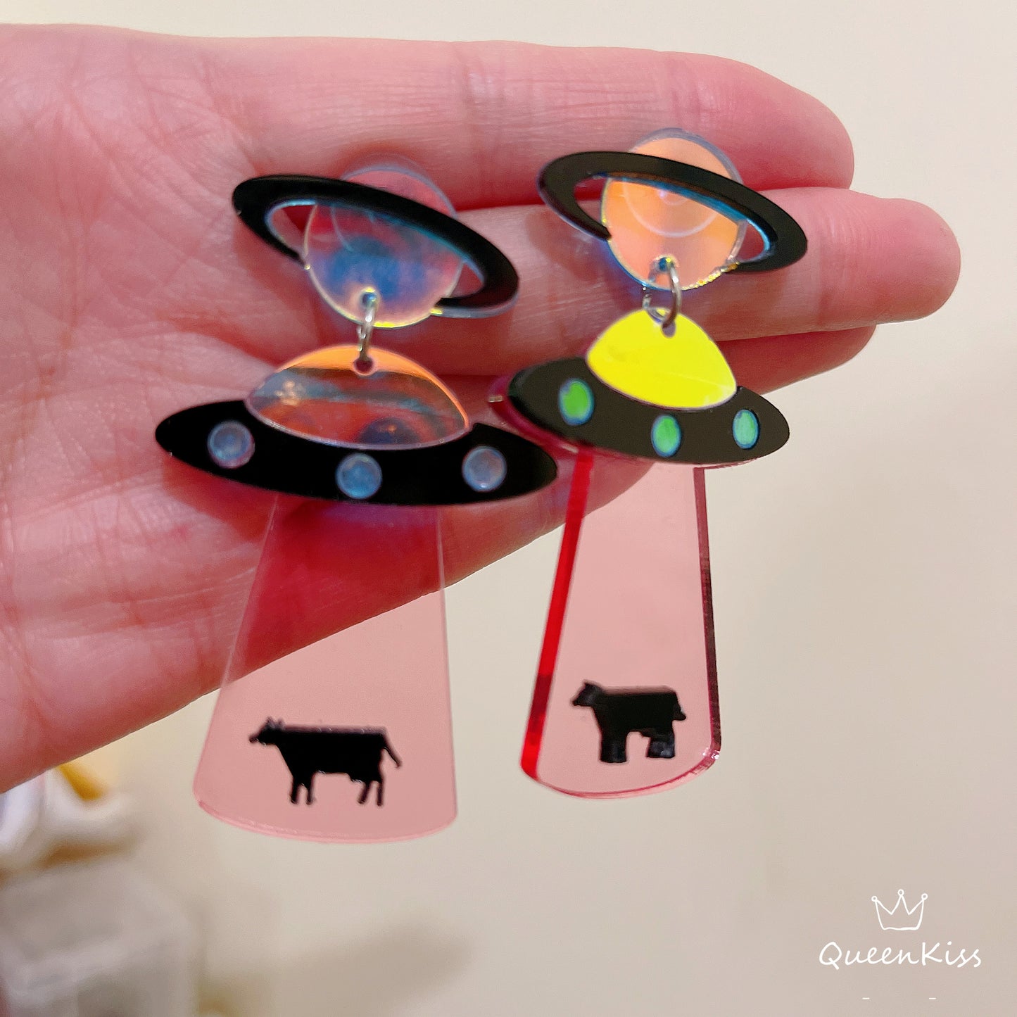 New Color Pink Cute Light Trendy Quirky UFO Earrings Alien Sucking Cow In Earrings - We need you!!