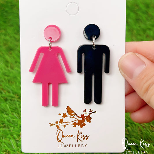 Cute Light Trendy Quirky Pink Girl and Black Boy Earrings - Boy and Girl!!