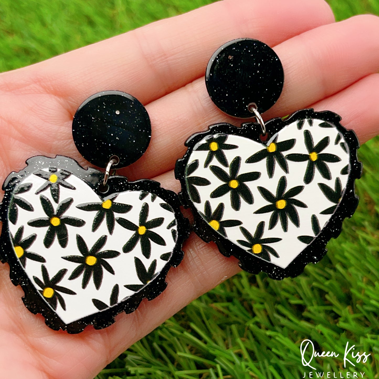 Cute Light Trendy Special Art Pattern Flower Black Heart Shape Earrings - Party Baby!!