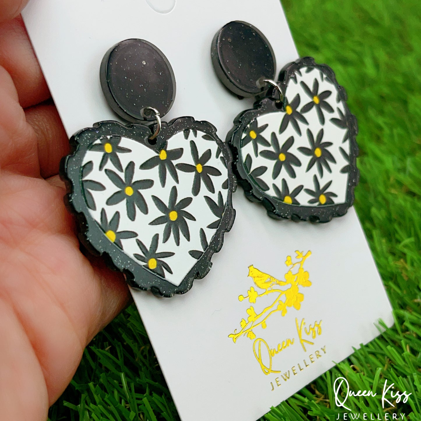 Cute Light Trendy Special Art Pattern Flower Black Heart Shape Earrings - Party Baby!!