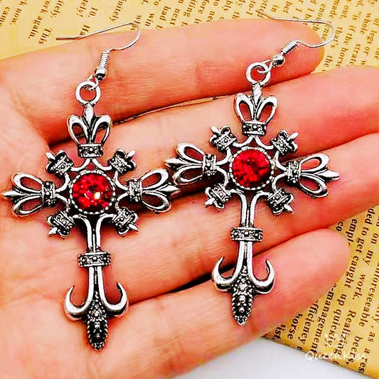 Enamel Earrings Red Gem and Cross Gothic Dangle Earrings Creepy Goth Grunge Earrings